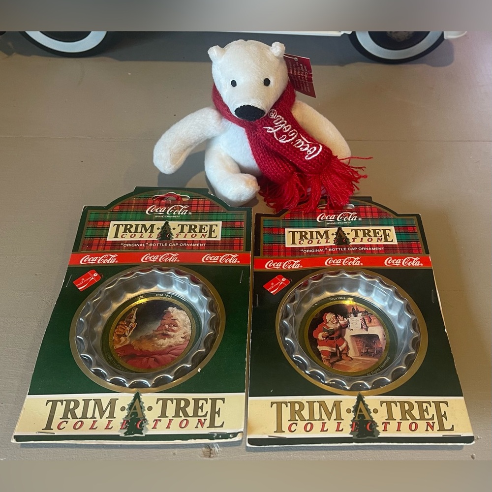 Vintage 90s Coca-Cola Christmas Collectibles Polar Bear Santa Ornaments Set 3